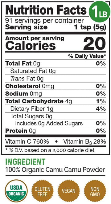 HerbaZest Camu Camu Powder Organic - 16oz (1 LB) - Vegan, USDA Certified, Gluten Free, Ideal for Smoothies, Yogurt, Ice Cream