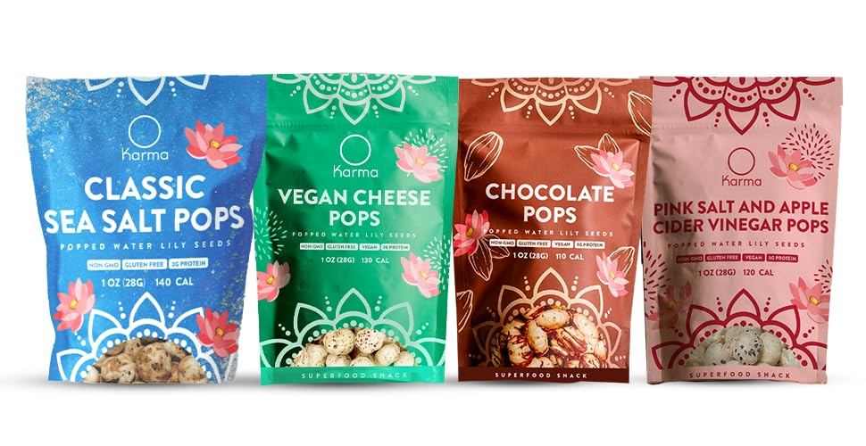 Karma Popped Water Lily Seeds - Sweet & Comfort Variety Pack | Chocolate  Vegan Cheese  Apple Fruit Beverage Vinegar & Classic Sea Salt | Ayurvedic Superfood Snack | Vegan  Gluten-Free  High Protein | 4-Crunchy Everyday Snack Pack