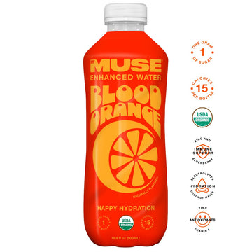 Mymuse Organic Enhanced Flavored Water, Blood Orange, 16.9 Fl Oz Bottle (12 Pack), 1G Of Sugar, Immune Support With Zinc & Elder