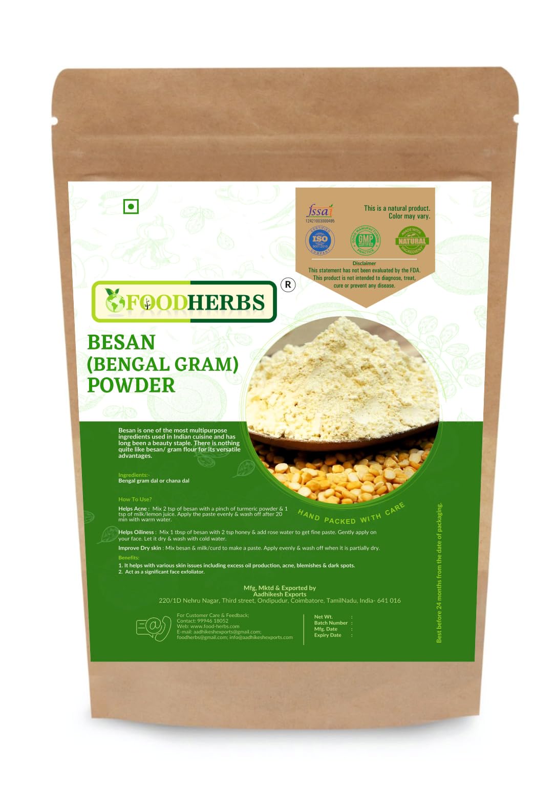 Foodherbs Organic Besan Powder | 200G | 0.44 Lbs | Finely Ground Bengal Gram Flour For Glowing Skin | Hair Masks | Natural Cooking | 100% Pure Vegan Gluten Free Chickpea Atta For Daily Use