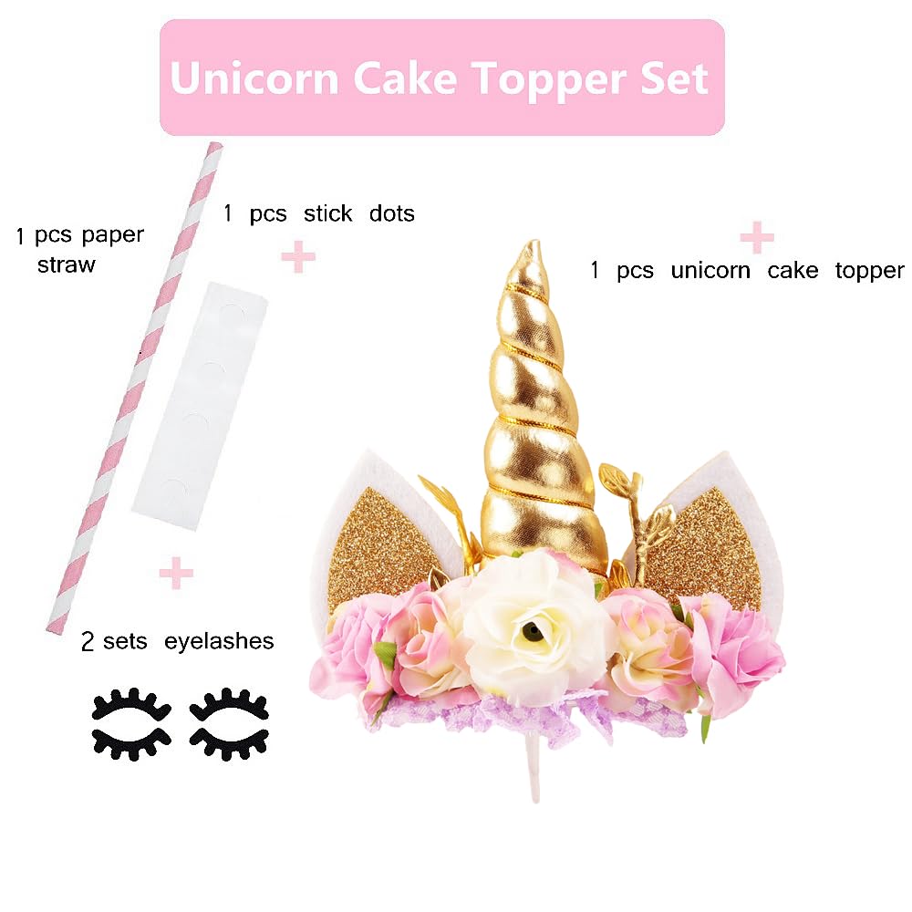 Nishine Rose Floral Unicorn Cake Topper, Gold & Ivory, Paper, 14cm x 14cm x 3cm