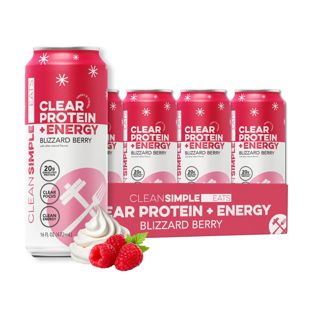 Clean Simple Eats Clear Protein + Energy Drink  20G Grass Fed Whey Protein Isolate  100MG Natural Caffeine  L Theanine & Cognatiq  No Artificial Ingredients  Blizzard Berry Flavor  16 Oz Cans  12 Pack