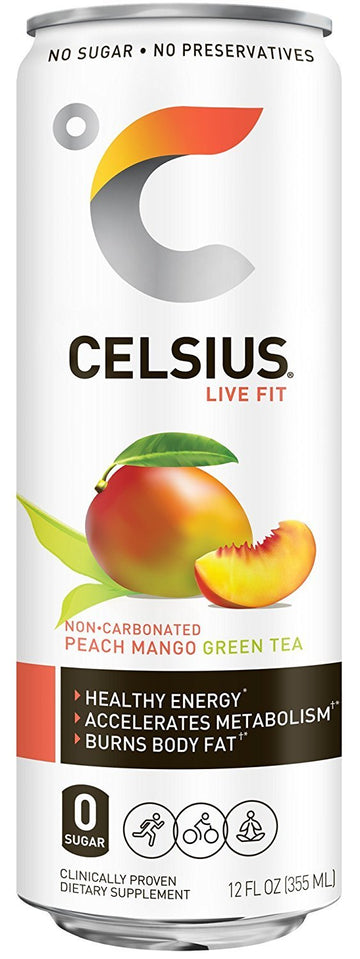 CELSIUS Peach Mango Green Tea Energy Drink, 12 Fl Oz, Pack of 24, Clear, Model FGSS6405