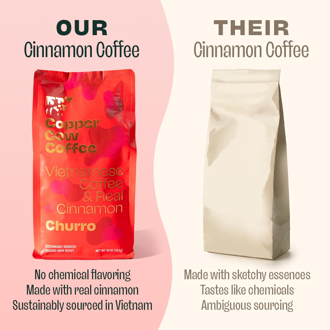 Copper Cow Premium Vietnamese Ground Coffee | Churro | Dark Roast | Flavored With Real Cinnamon | Universal Grind | 10 Oz