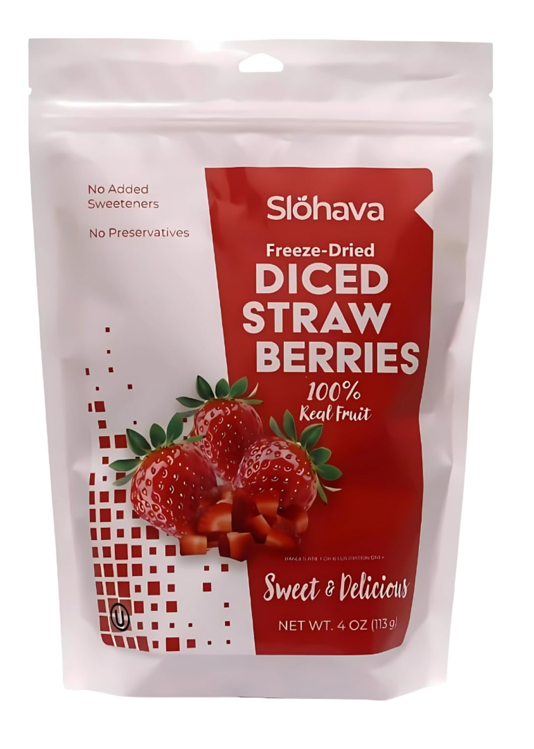 Slohava Freeze Dried Diced Strawberries Pieces, 4 oz. 100% Natural Fruit, No Sugar Added, Kosher, Resealable Pouch.