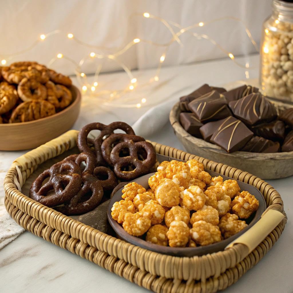 Kremery Creamy Chocolate Cravings - Happy Birthday  , Chocolate Covered Pretzels & Caramel Popcorn Gift Basket, In Seagrass Tray + Ribbon & Greeting Card (Deluxe, 3.5 Lbs) Food Assortments