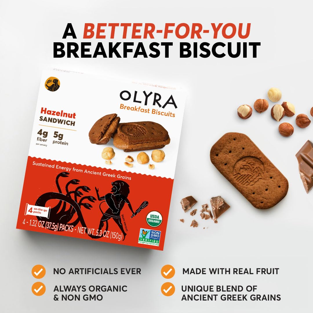 Olyra Hazelnut Cocoa Sandwich Breakfast Biscuits, Healthy Snacks for Adults and Kids, Low Sugar, High Fiber, Organic Vegan Cooki