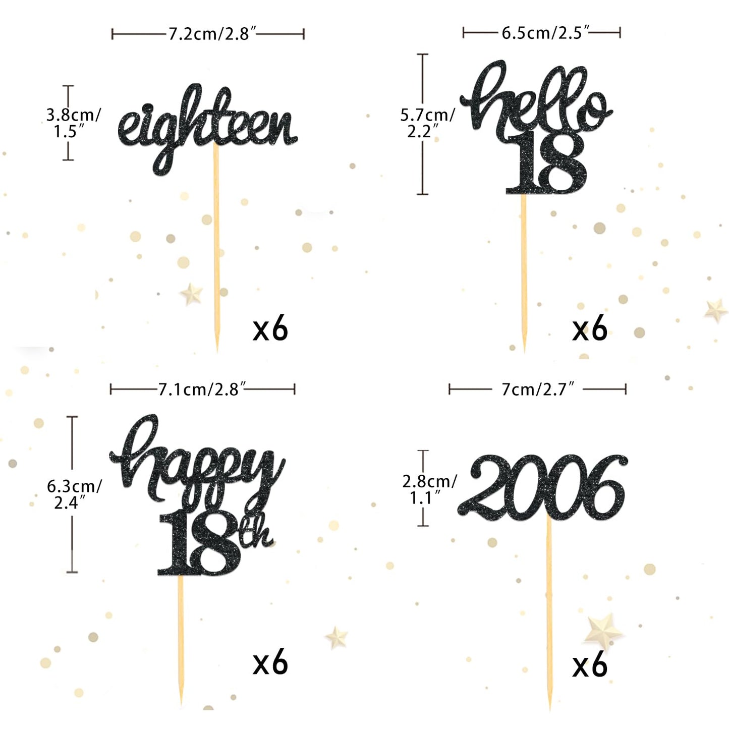 Moitkptt 24 Pcs Glitter Cupcake Toppers for 18th Birthday Party Decorations, Black, Model BIR18, Paper Material