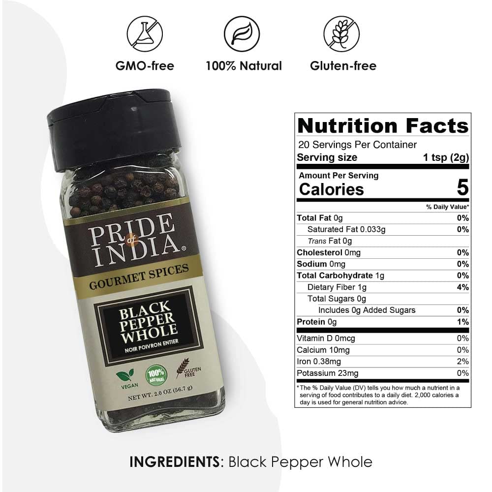 Pride Of India ?Black Peppercorn Whole ?Gourmet & Culinary Spice ?Full Bodied, Dried & Flavorful ?Preservatives & Gluten Free ?E