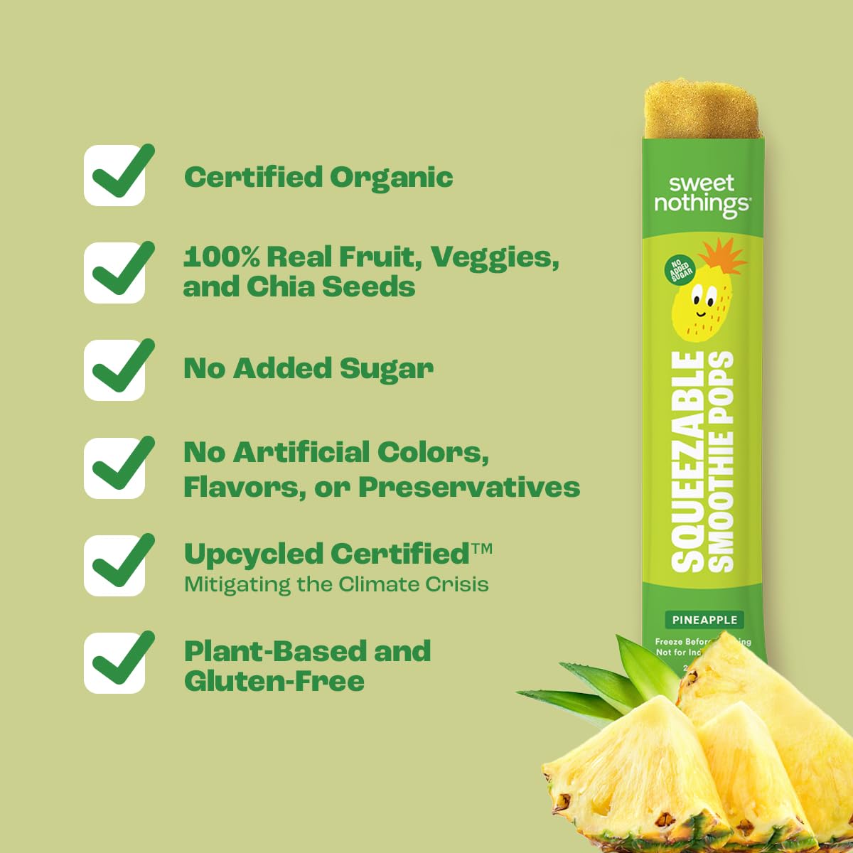 Sweet Nothings, Pineapple, Usda Organic Kids' Squeezable Super Fruit Smoothie Freezie Popsicle Pops, Value Pack Of 24 - Dye-Free