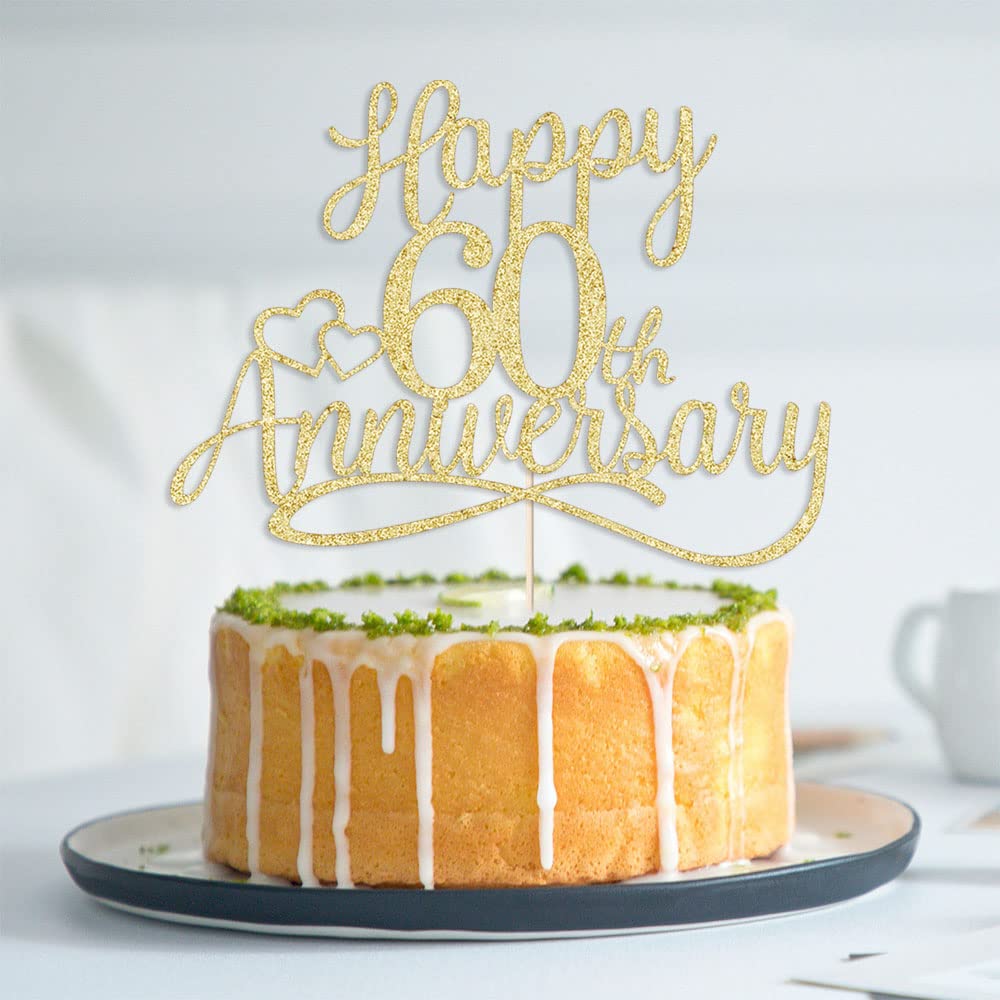 Sleyberoy Gold Glitter Happy 60th Anniversary Cake Toppers -Wedding Anniversary Party Decorations, 60th Wedding Anniversary, Com