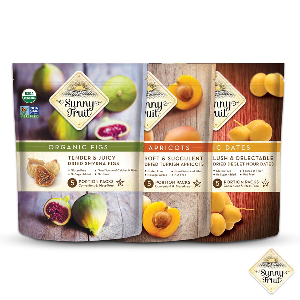 Sunny Fruit Organic Dried Fruit Assortment - Dates, Figs & Apricots, 15 Packs of 1.76 Oz, Vegan, Non-GMO, No Sugar Added