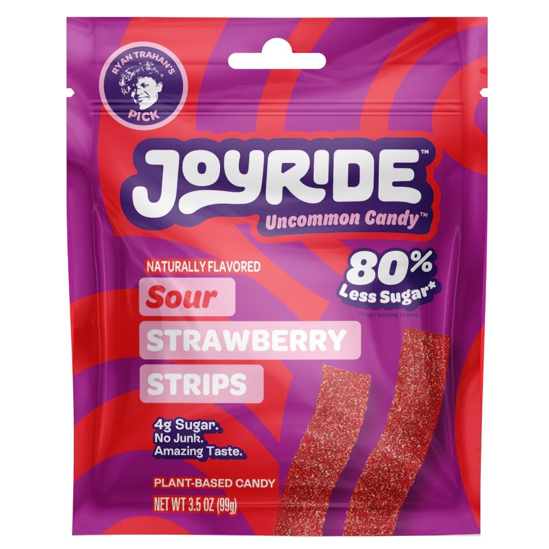 Joyride Sweets Sour Candy Strips - 3.5oz, Plant-Based, Vegan, 80% Less Sugar, Sour Strawberry Flavor