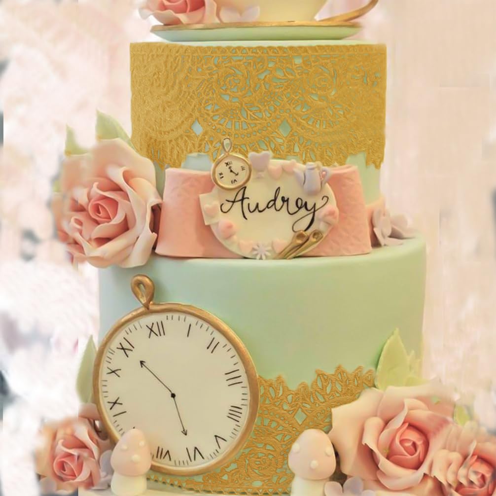 Large Pre-Made Ready To Use Edible Cake Lace Rose Scallop Golden 14-Inch 5-Piece Set