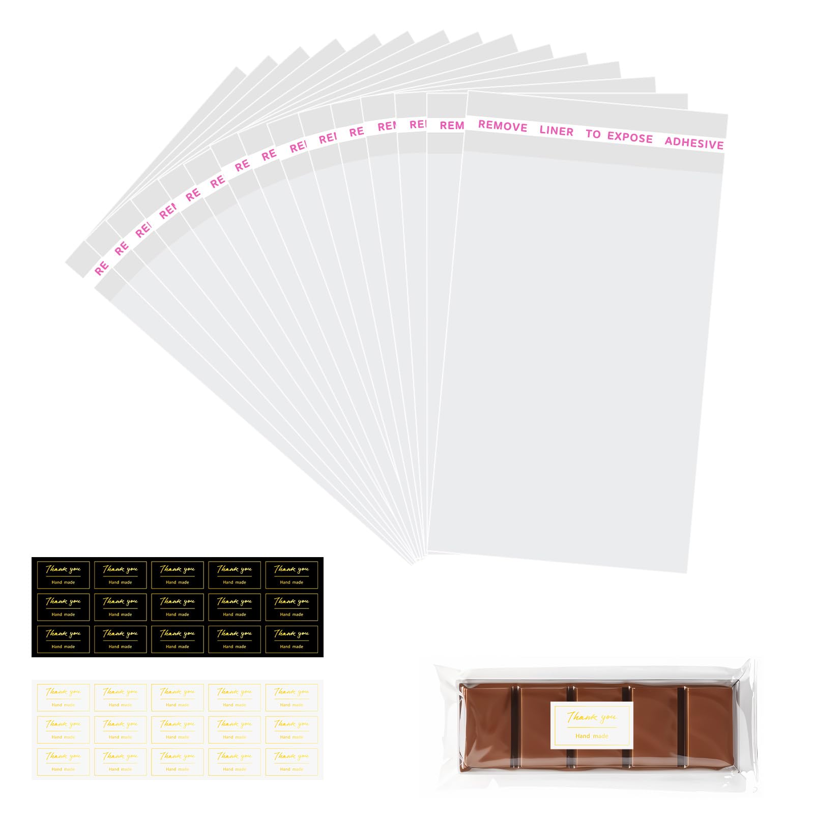 Qulkws Chocolate Plastic Wrappers with Thank You Stickers, 120 Pcs, 3.5 x 6.7 Inch, Clear, Model 703027_1_eCbyNC