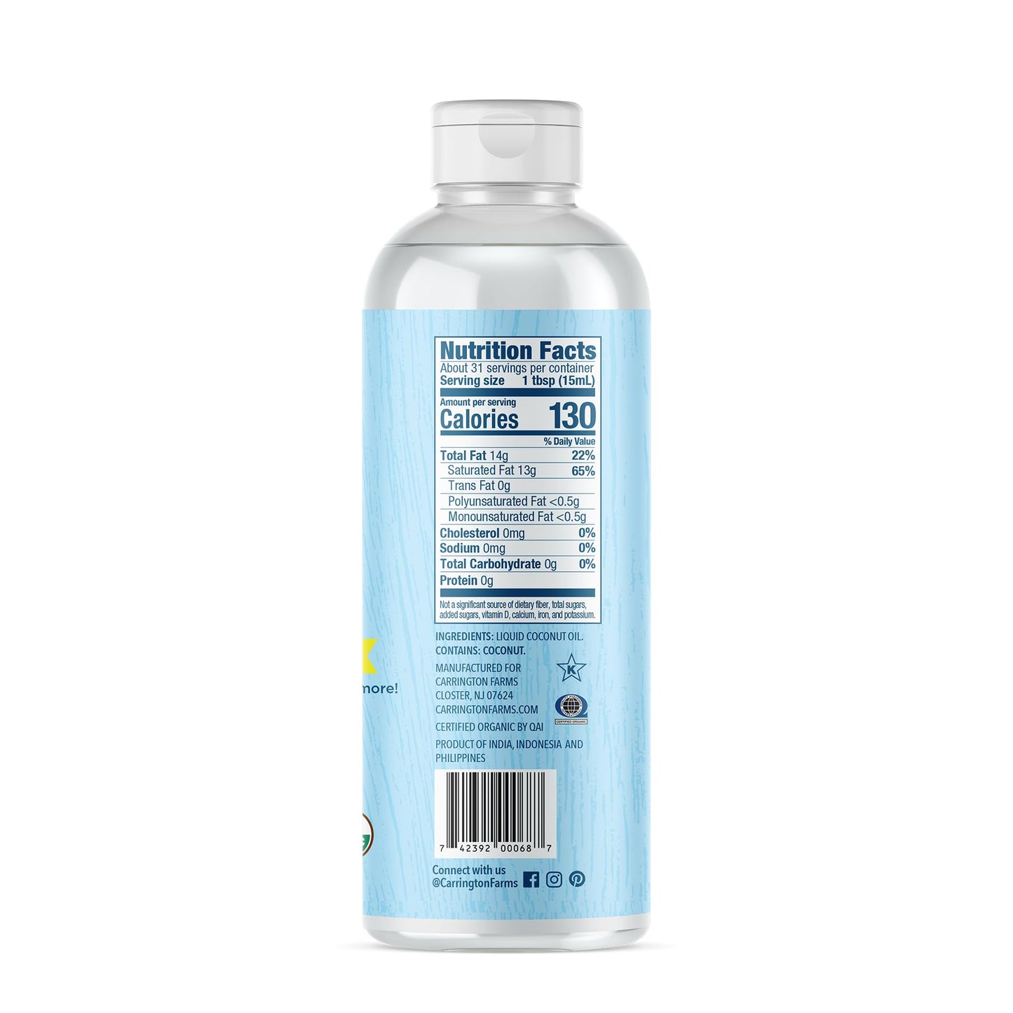 Carrington Farms Organic MCT Oil, Unflavored, 100% Pure, Non-GMO, Vegan, 16 Fl Oz