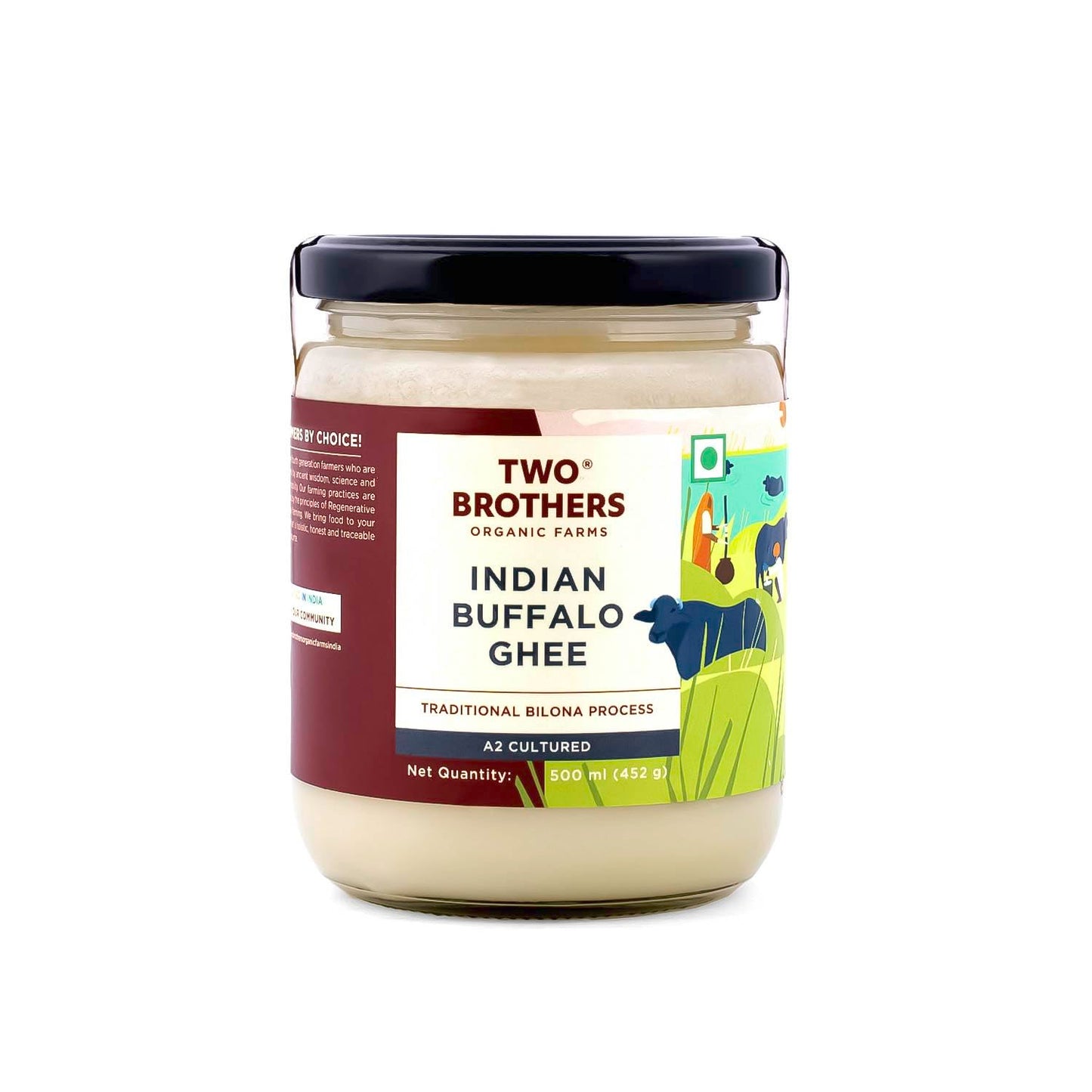 Two Brothers Organic Farms - Organic Buffalo Ghee (500Ml)|Aromatic Flavor|Traditional Hand-Churned Bufflao Ghee|Farm-Fresh Quali
