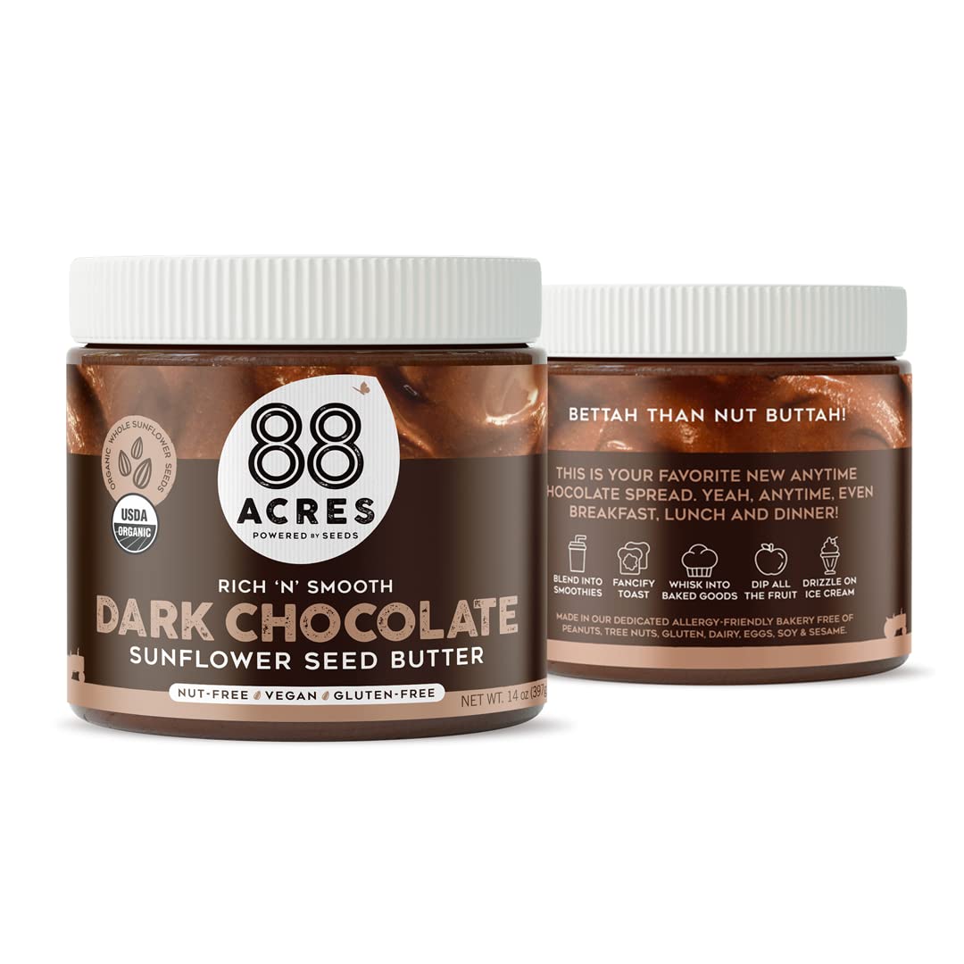 88 Acres Organic Sunflower Seed Butter | Dark Chocolate | Keto-Friendly, Vegan, Gluten Free, Dairy Free, Nut-Free Seed Butter Spread | 14 Oz | 2 Pack