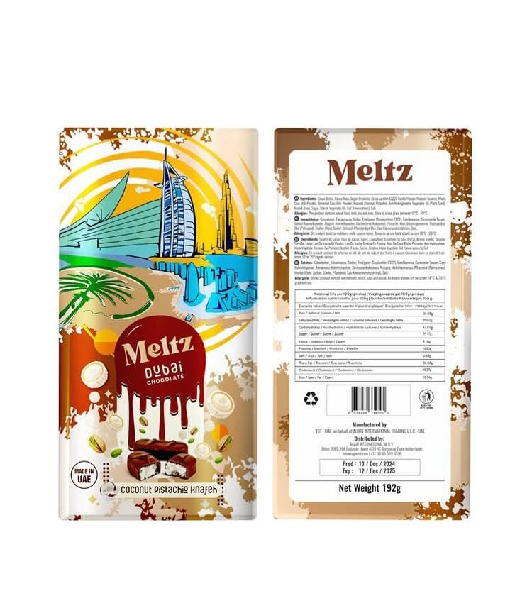 Meltz Pistachio Chocolate Coconut Bar 192g - Luxury Milk Chocolate, Individually Wrapped, Perfect Dubai Sweets Treat Box