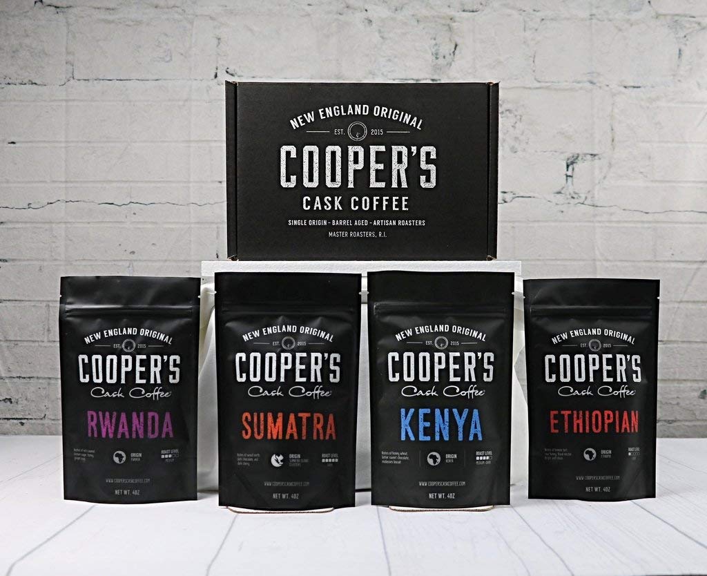 Coopers Cask Coffee Gourmet Coffee Sampler Gift Box Set, Whole Bean, 4 Bags, 16 oz Total