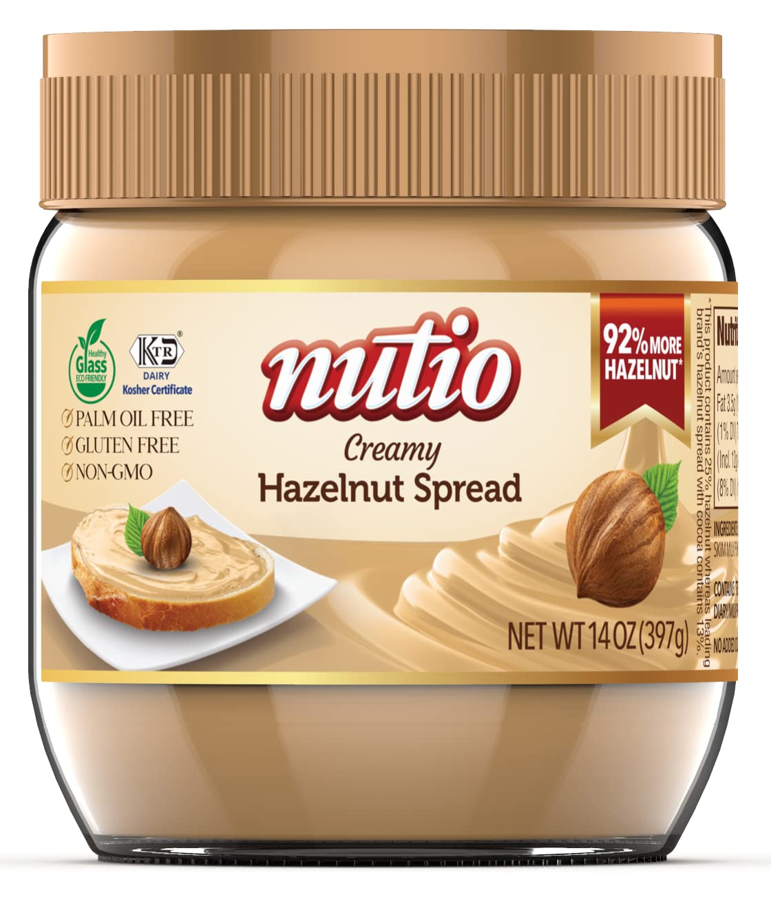 Nutio Creamy Hazelnut Spread - 92% More Hazelnut, 37% Less Added Sugar, Palm Oil Free, Gluten Free, Non-Gmo, Cocoa Free, Peanut