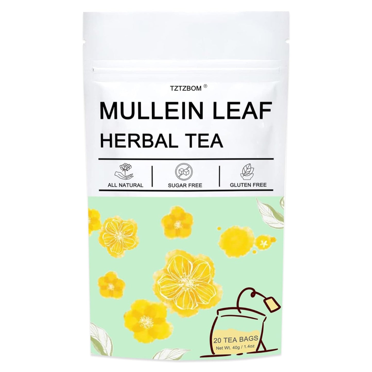 TZTZBOM Organic Mullein Leaf Tea - 20 Tea Bags, Lung Cleanse, 20 Count (Pack of 1)