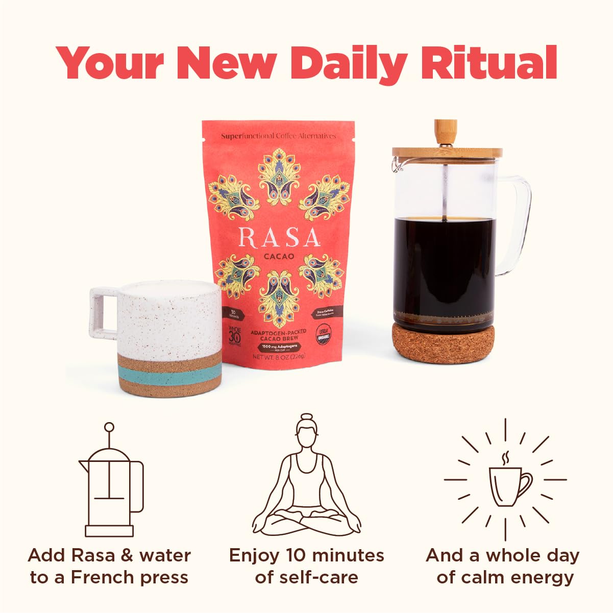 Rasa Cacao Adaptogenic Mushroom Coffee Alternative | Vegan, Keto, Ayurveda | 8 oz. (30 Servings)