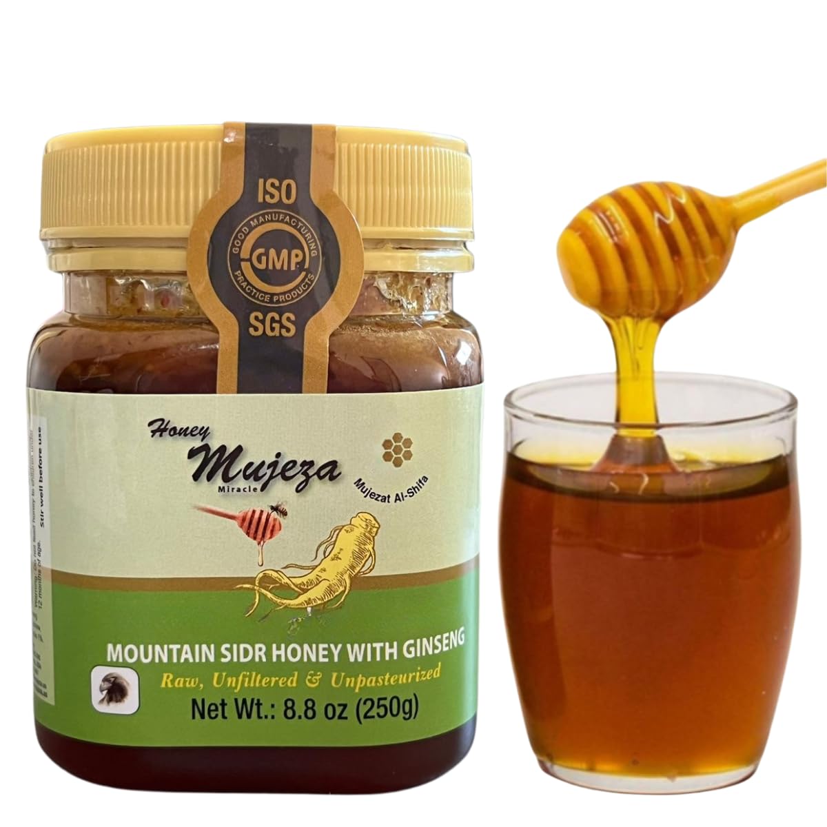 Raw Mountain Sidr Honey With Fresh Royal Jelly And Red Korean Flavor Blendseng | Immune Booster  Sugar & Gluten Free | 100% Natural Raw Liquid Honey For Men & Women (250G/8.8Oz)