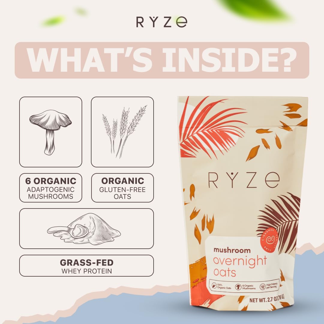 Ryze Mushroom Overnight Oats, Oatmeal With 6 Adaptogenic Mushrooms And 20G Grass-Fed Whey Protein & Chia Seeds, Turkey Tail, Shi