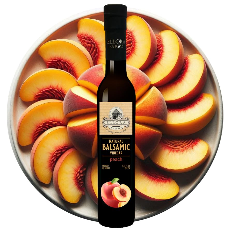 Ellora Farms Peach Infused Greek Balsamic Vinegar, Thick & Creamy, 8.45 oz, No Added Sugars, No Preservatives, Pack of 1