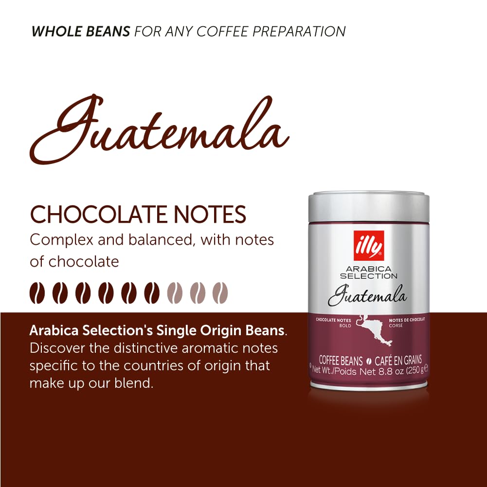 Illy Whole Bean Coffee - Perfectly Roasted Whole Coffee Beans – Guatemala Dark Roast - With Notes Of Chocolate – Complex & Balanced - 100% Arabica Coffee - No Preservatives – 8.8 Ounce, 6 Pack