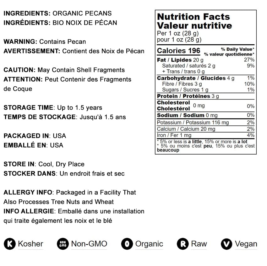 Food to Live Organic Pecan Halves, 12 Ounces - Non-GMO, Kosher, Raw Pecan Nuts, Unsalted, Vegan, Kosher, Shelled, Sirtfood, Bulk