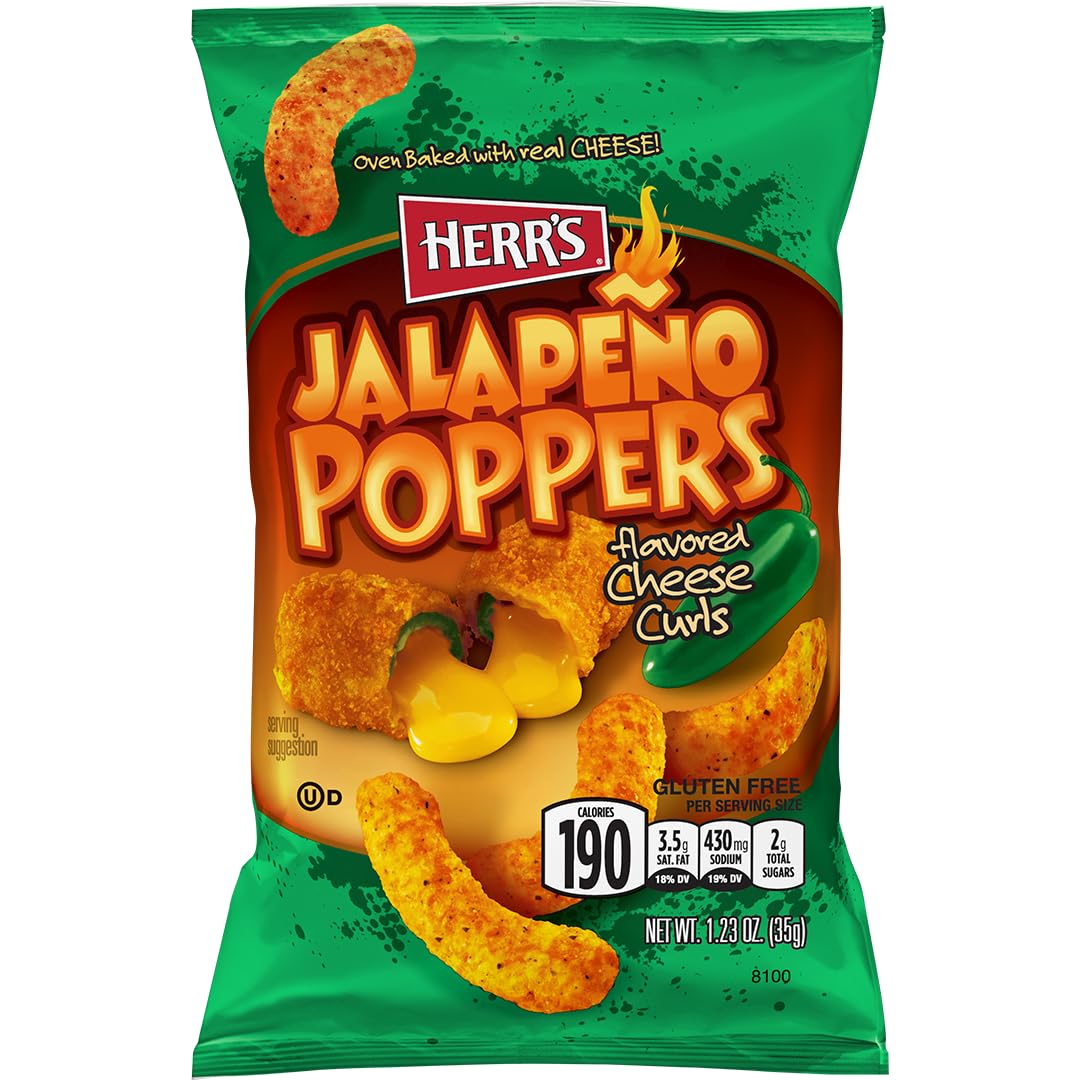 Herrs Jalapeo Poppers Flavored Cheese Curls - Made with Cheddar Cheese - Great for Bold Flavor Fans - 1.23 Ounce (Pack of 24)