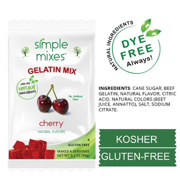 Simple Mixes Natural Gelatin Dessert, Cherry, Healthy Snack, Dye-Free, No Gluten or Fat, Kosher, 6 Pack