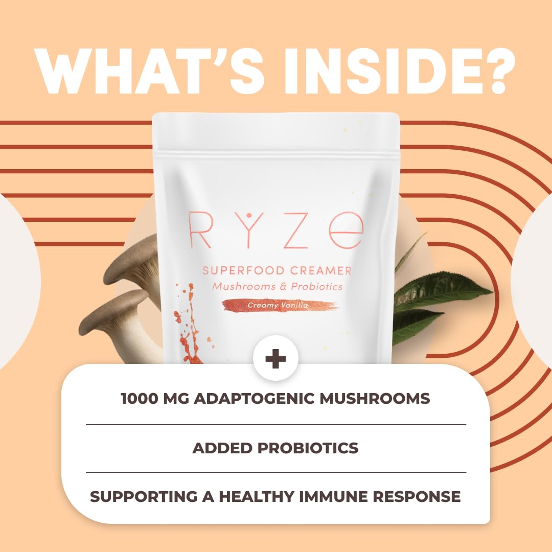 RYZE SUPERFOODS Probiotic Coffee Creamer with 6 Organic Mushrooms, 7.85 oz, Gluten-Free, for Energy, Focus, and Digestion