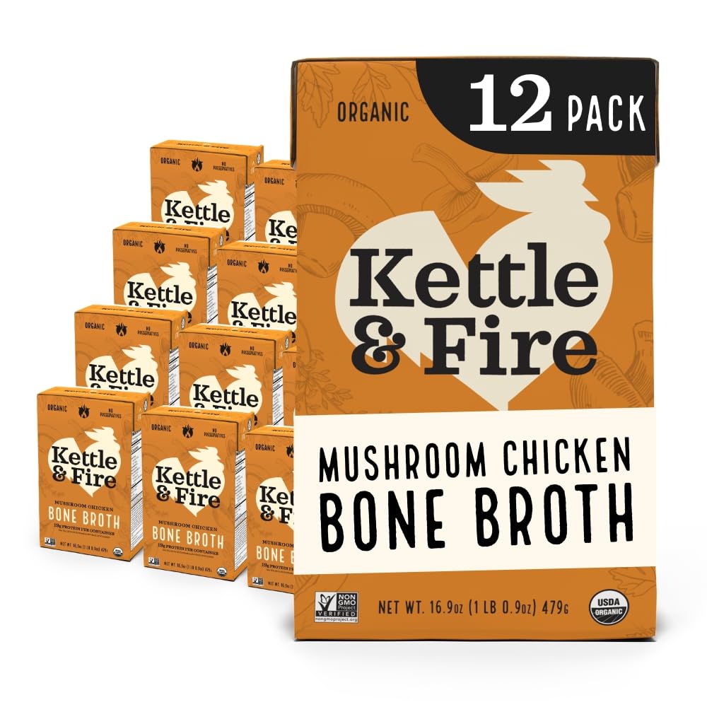 Kettle & Fire Mushroom Chicken Bone Broth, Keto, Gluten Free, 12 Pack, 16.9 Fl Oz
