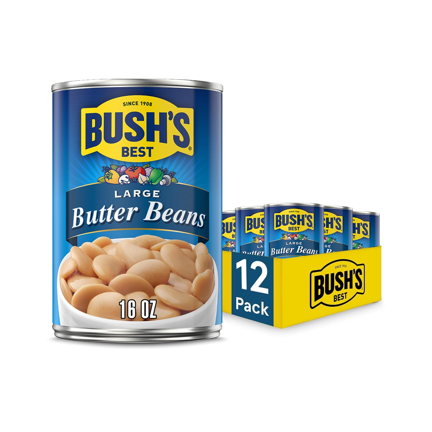 BUSH S BEST 16 oz Canned Large Butter Beans, Source of Plant Based Protein and Fiber, Low Fat, Gluten Free, (Pack of 12)