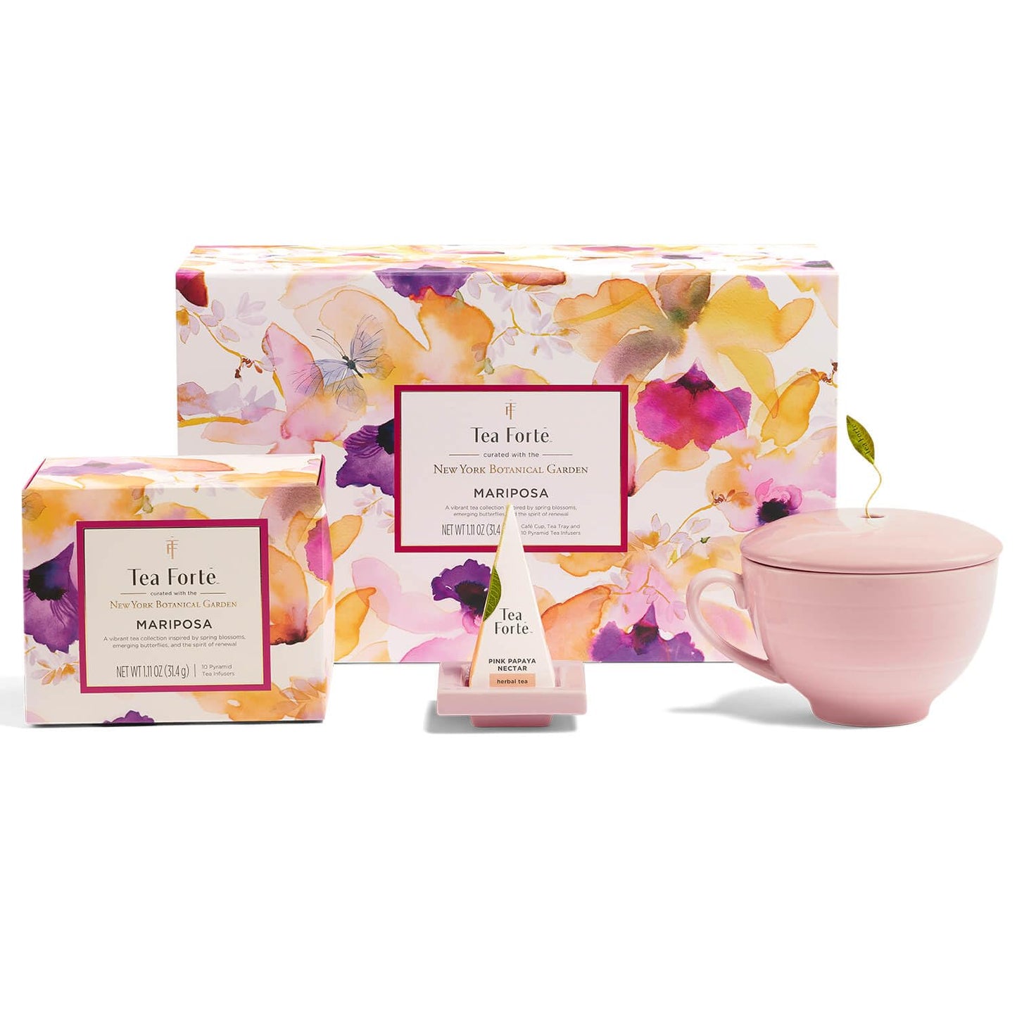 Tea Forte Mariposa 3-Piece Premium Tea Gift Set with Rose Pink Cafe Cup and Lid, Tea Tray and 10 Count Mini Presentation Box, 2 