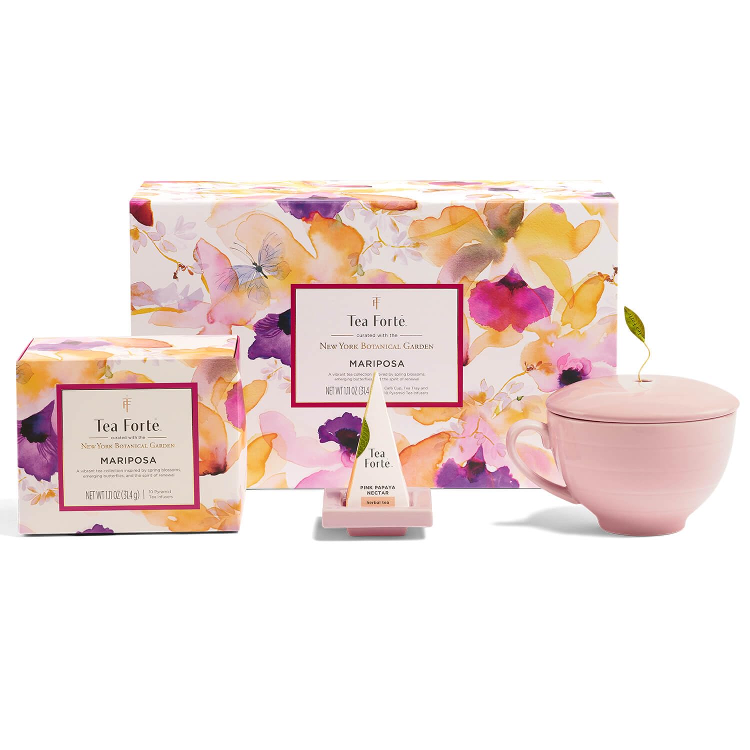 Tea Forte Mariposa 3-Piece Premium Tea Gift Set with Rose Pink Cafe Cup and Lid, Tea Tray and 10 Count Mini Presentation Box, 2 