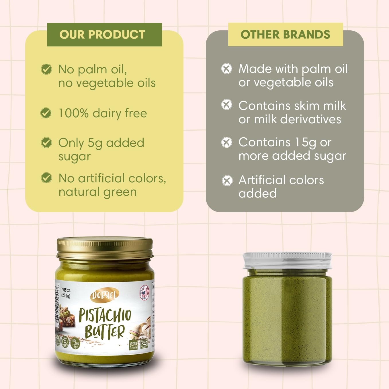 Dorrel Pistachio Butter Spreadable, Dairy-Free, Vegan, 200g (7.05 oz), No Palm Oil, Kosher Pareve, Healthy Condiment for Snacks & Baking