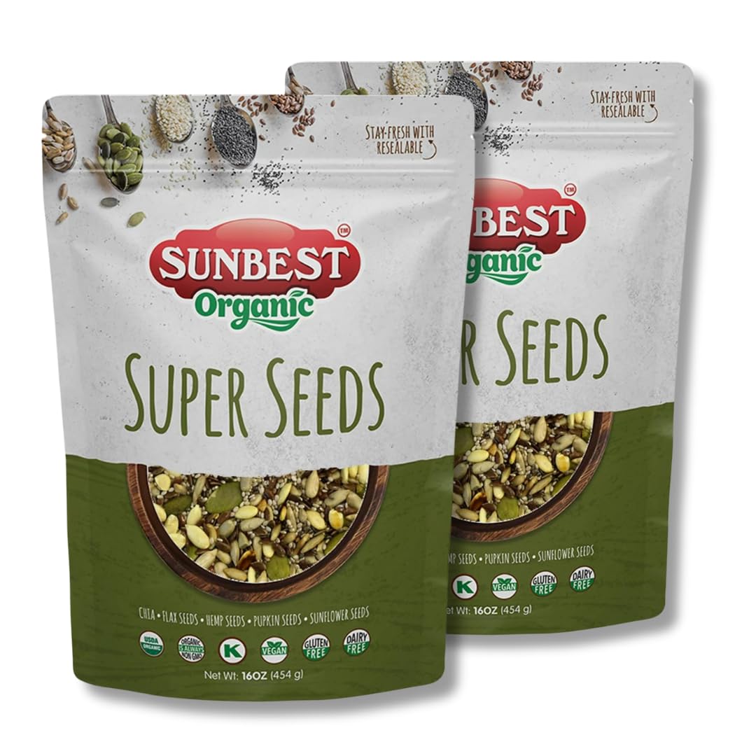 SUNBEST NATURAL Organic Super Seeds 2-Pack – 32 oz Blend of Pumpkin, Chia, Hemp, Sunflower & Flax – Vegan & Gluten-Free