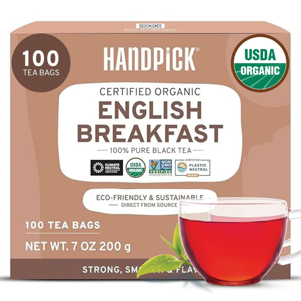 HANDPICK Organic English Breakfast Black Tea Bags - Strong, High-Caffeine, 100 Count, Eco-conscious Packaging