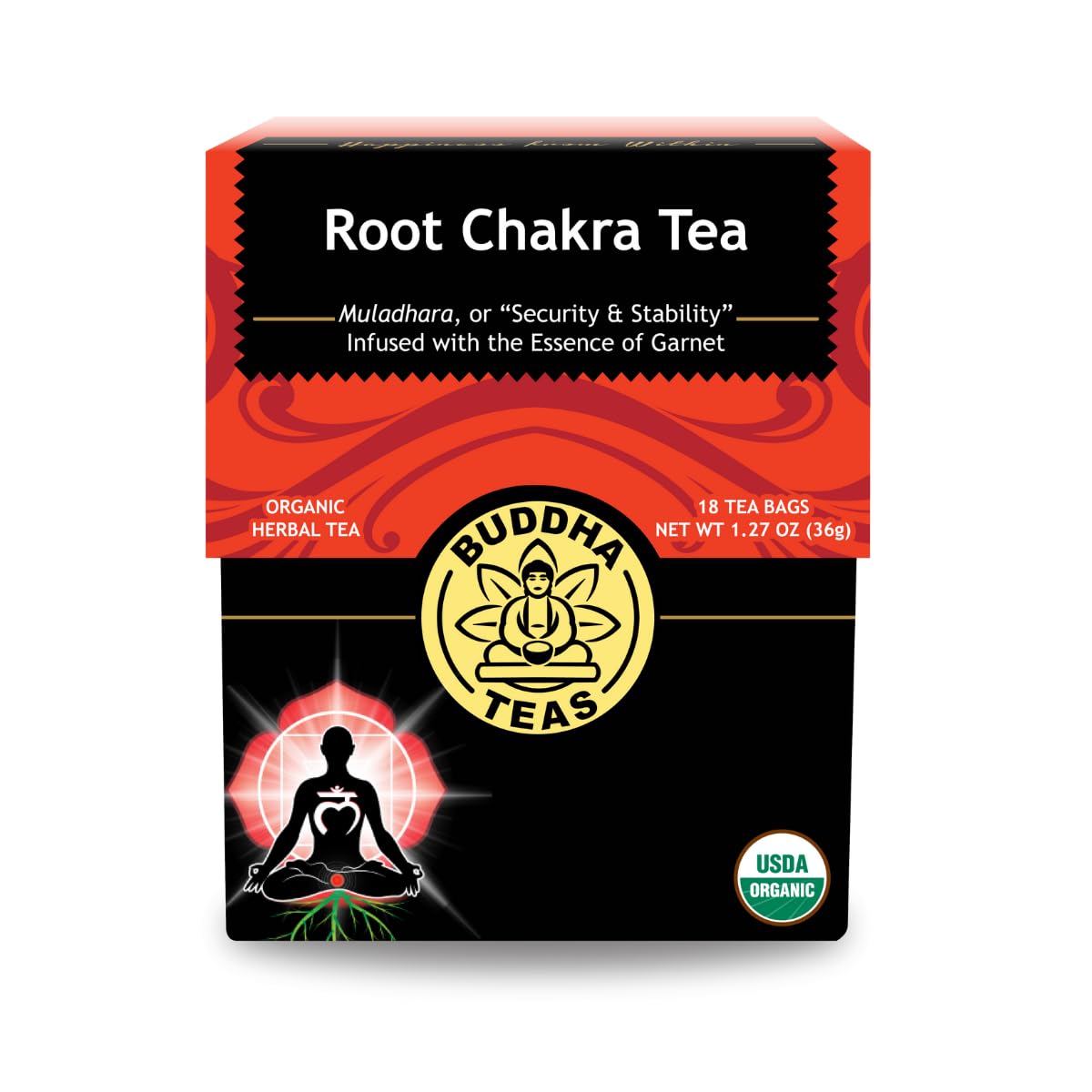 Buddha Teas - Root Chakra Tea - Organic Herbal Tea - For Security & Stability - With Ashwagandha Root, Raspberry Leaf, Cloves & 