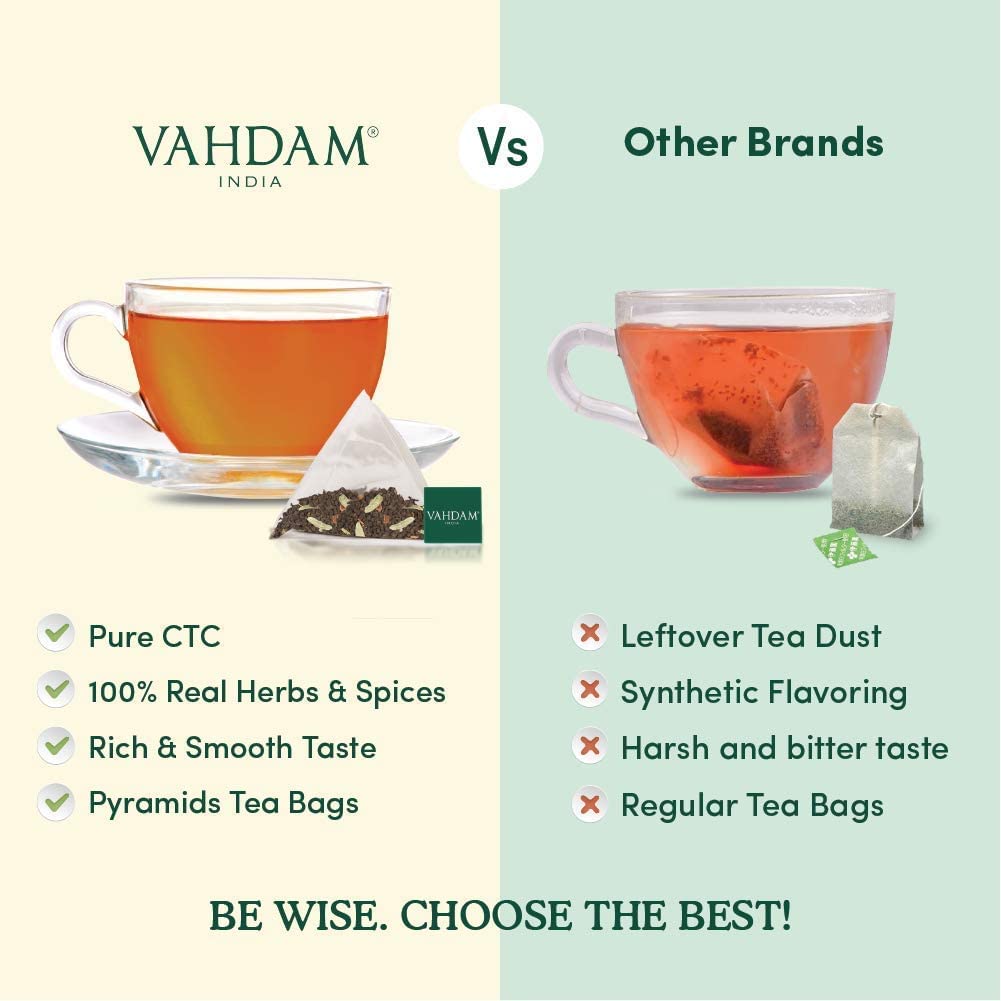 Vahdam, Indias Original Masala Chai Tea Bags (15 Count) Non Gmo, Gluten Free, No Added Flavoring | Blended W/Savory Exotic Spices | Individually Wrapped Pyramid Tea Bags | Direct From Source