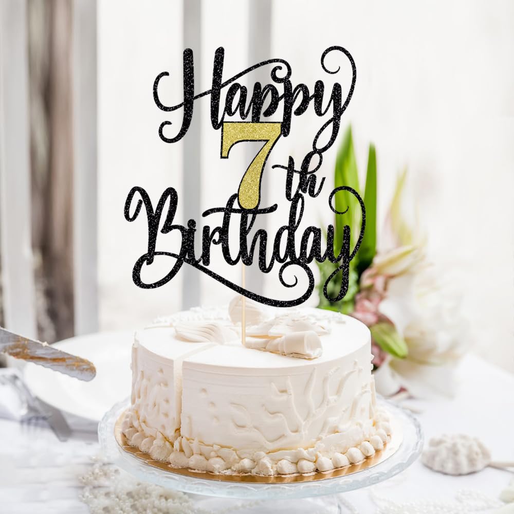 Happy 7Th Birthday Cake Topper, 7 Birthday Party Cake Decorations (Black And Gold Flashes, 7Th)