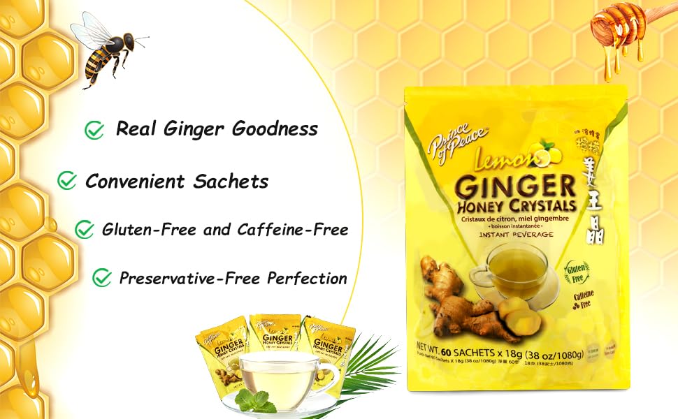 Prince Of Peace Instant Ginger Honey Crystals with Lemon - 60 Sachets - Caffeine and Gluten Free - Easy to Brew Hot or Cold Beverage