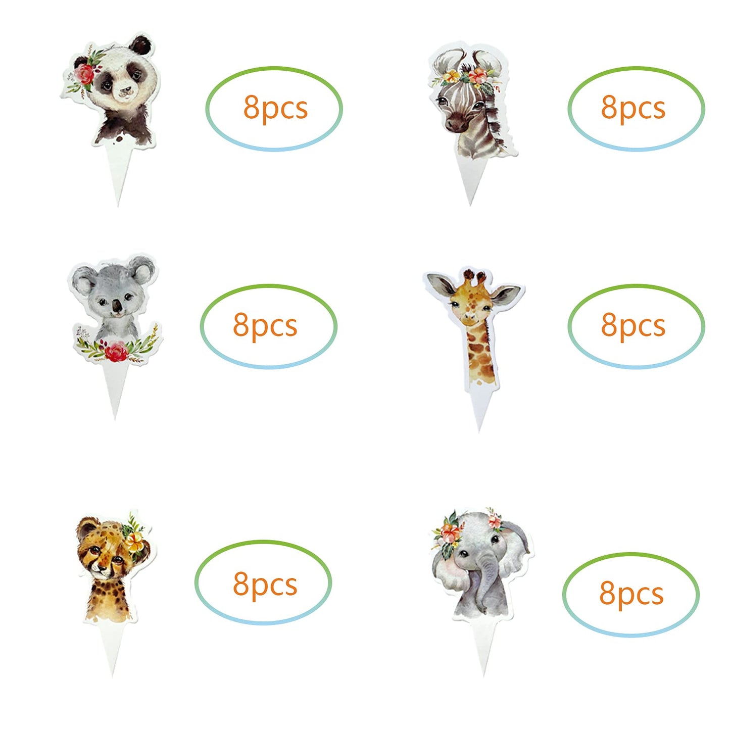 Fenghu 48 Pcs Wild One Cupcake Toppers - Floral Jungle Animals Safari Animal Birthday Party Decorations For Girl