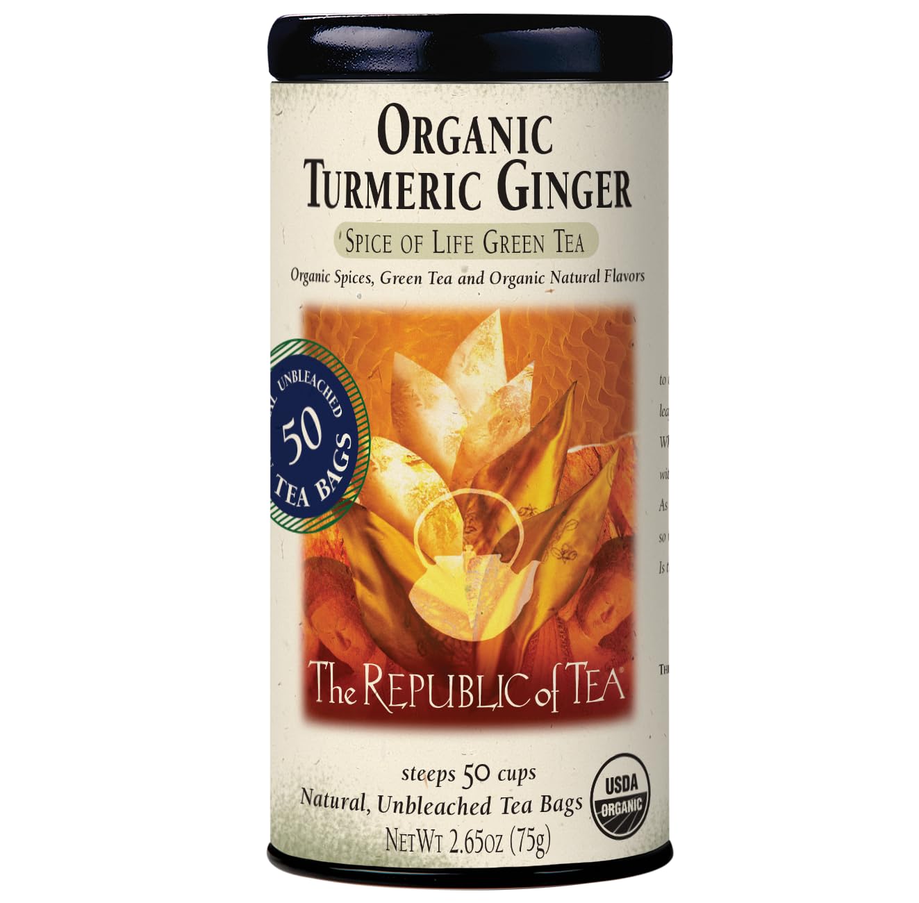 The Republic of Tea Organic Turmeric Ginger Green Tea, 50 Tea Bags, Naturally Caffeinated, Pack of 1