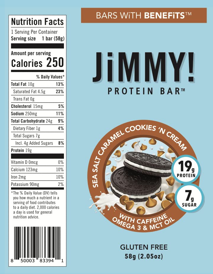 Jimmybar! - Sea Salt Caramel Cookies N Cream - 19G High Protein Bars - 7G Sugar - 12 Count - 58G Health Bars - Natural Peanut Butter Core - Caffeinated Protein Bar For Energy- Hand Drizzled Chocolate