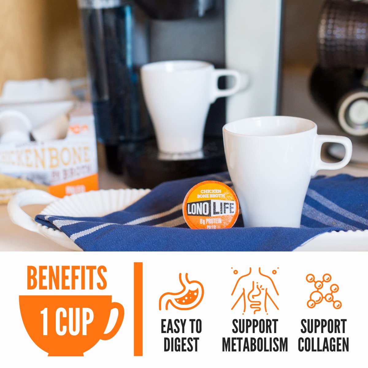 LonoLife Chicken Bone Broth Powder with 8g Protein, Paleo and Keto Friendly, Gluten-free, Single Serve Cups, 4 Servings, (Equal